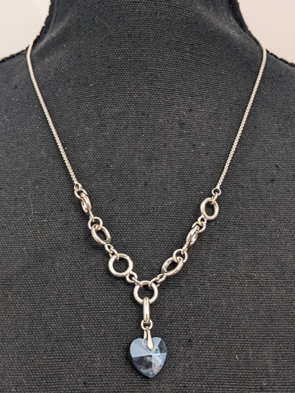 Y2K Silver Heart Pendant Necklace with Blue Crystal Charm and Mixed-Link Chain
